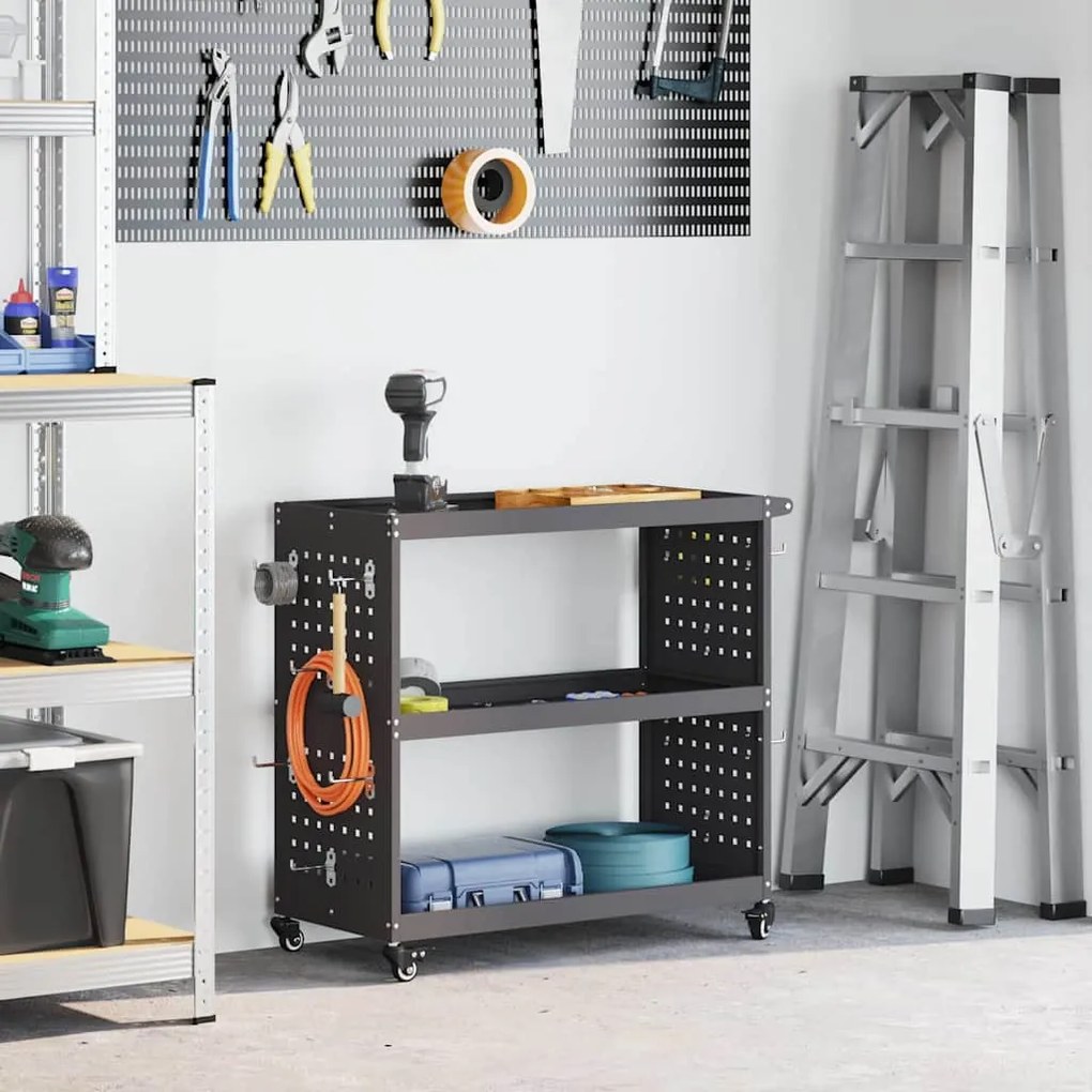 vidaXL Carro de Ferramentas com prateleira com roda Preto 75 x 35 x 73 cm Metal