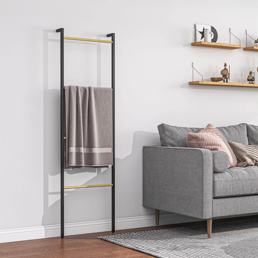 Toalheiro de 4 Níveis Toalheiro Casa de Banho com 4 Barras de Bambu e Estrutura de Aço 49x5,5x167,5 cm Preto e Madeira