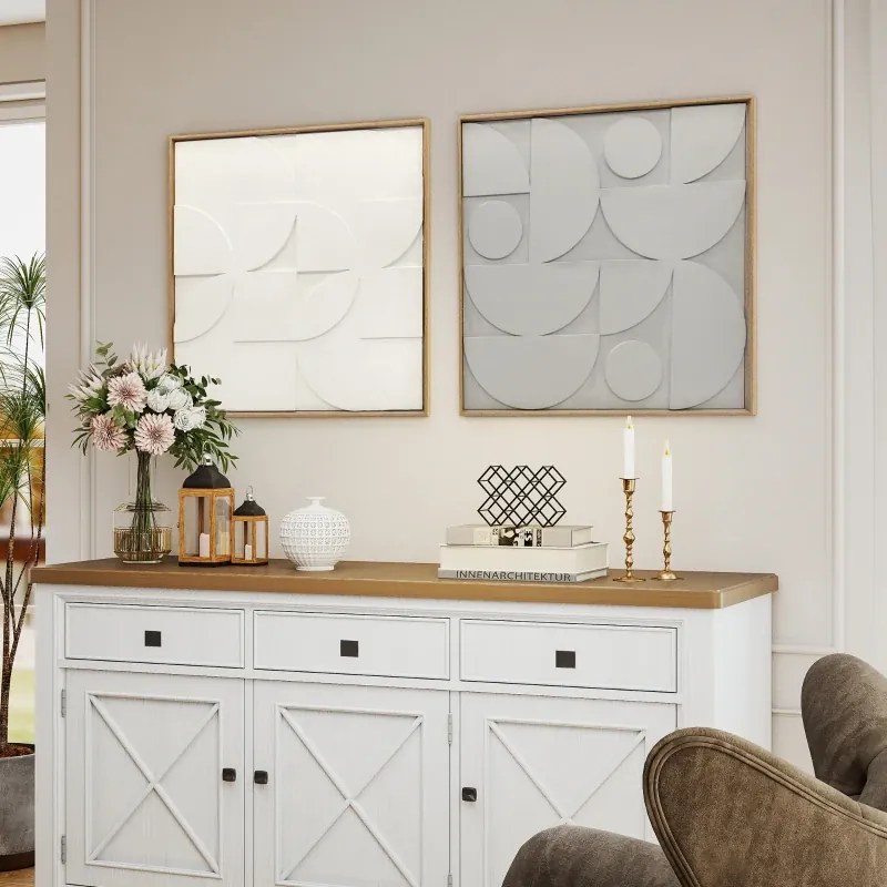 Decoração de Parede em Madeira 3D Conjunto de 2 Peças com 80 cm e Padrões Geométricos Branco