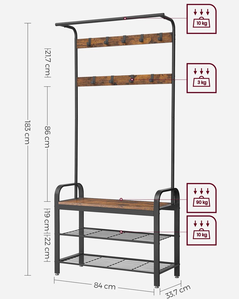 Cabideiro com banco e 2 prateleiras de grelha 84 x 33,7 x 183 cm Castanho vintage + Preto