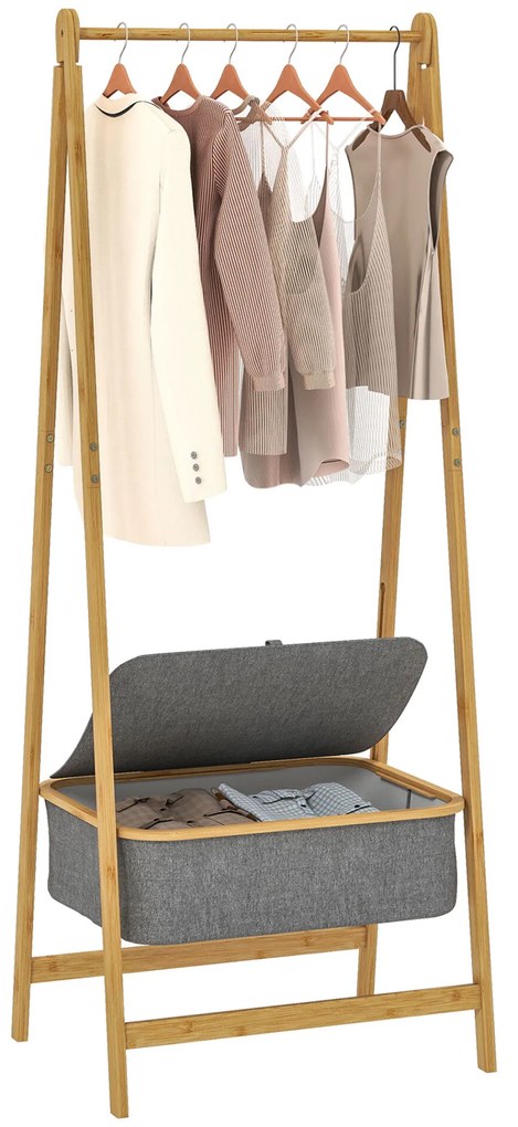 HOMCOM Suporte para Cabides de Bambu com Cesto de Tecido Suporte para Cabides Dobrável para Entrada, Quarto 60x44,5x157,5 cm Madeira Cinzento
