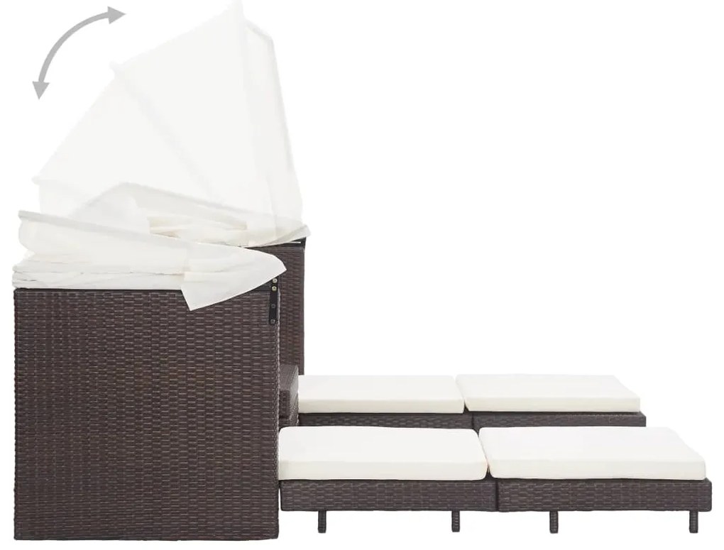 Espreguiçadeira extensível 3 lugares com toldo vime PE castanho