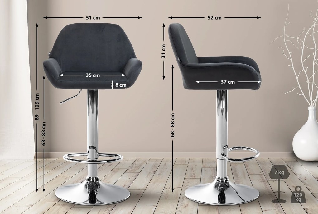 Conjunto de 2 bancos de bar em veludo com estrutura prateada 89-109 x 51 x 52 cm preto