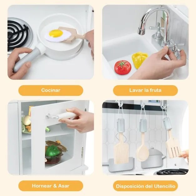 Cozinha de brincar para crianças em madeira com acessórios Telefone, lava-loiça, forno, frigorífico, refrigerador, dispensador de água, luz e som Bran