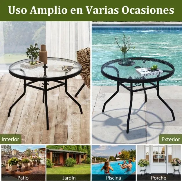 Mesa jarim para exterior com vidro temperado 70 x 70 x 45,5 cm, orifício para guarda-sol e metal para jardim ou terraço Preta