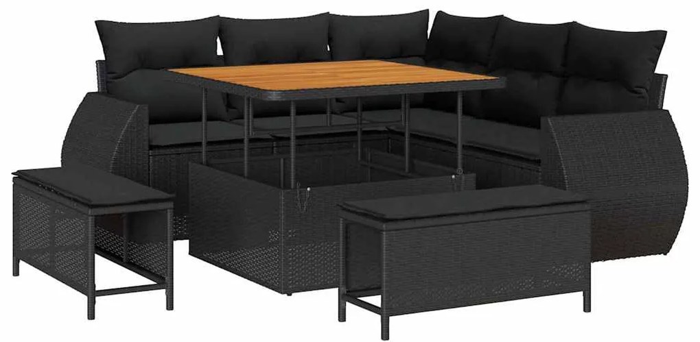 Conjunto de Sofá de Jardim com 8 Peças e Almofadas Pretas em Rattan, P