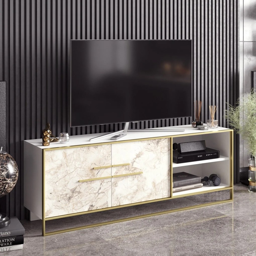 Móvel TV Polka – Dourado e Branco – 160x56,6x38,5 cm