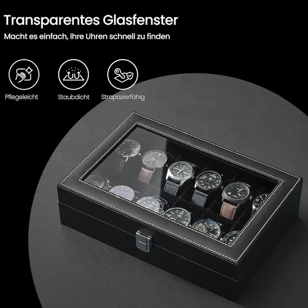 Caixa para relógios com 12 compartimentos 20,2 x 30,2 x 7,8 cm Preto