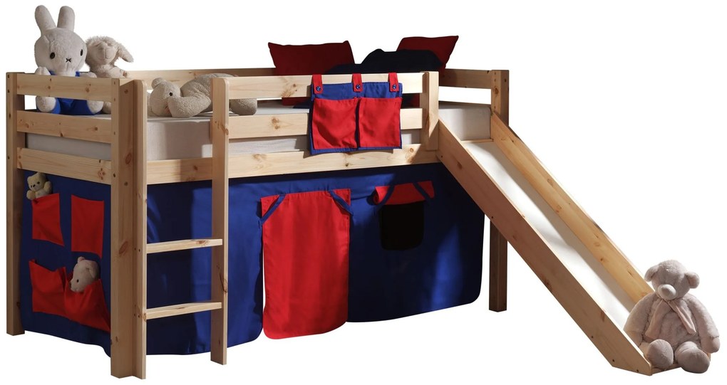 Conjunto Cama alta de Criança PINO 90 x 200 cm + estrado + escada + escorrega + cortina Domino Natural