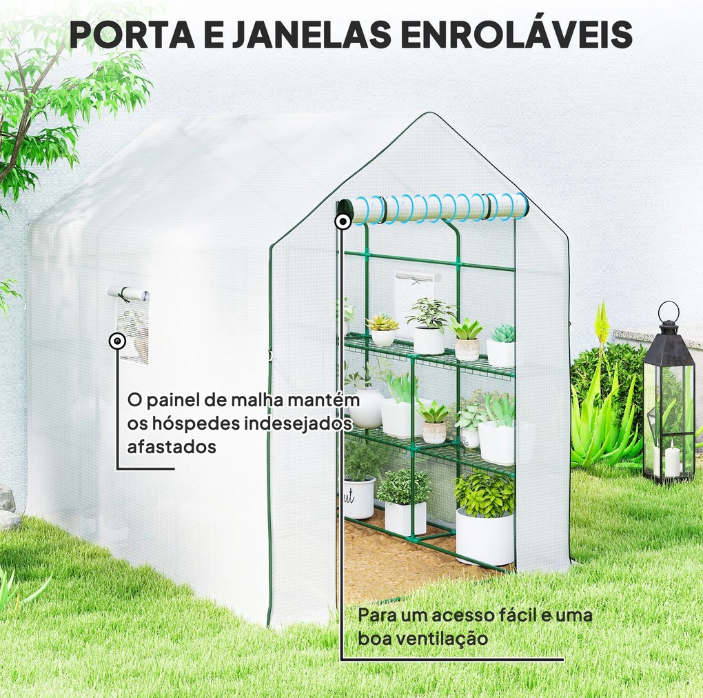 Estufa de Jardim de 3 Níveis com 12 Prateleiras Porta Enrolável Janelas Anti-UV Cobertura de PE  140x213x190 cm Branco