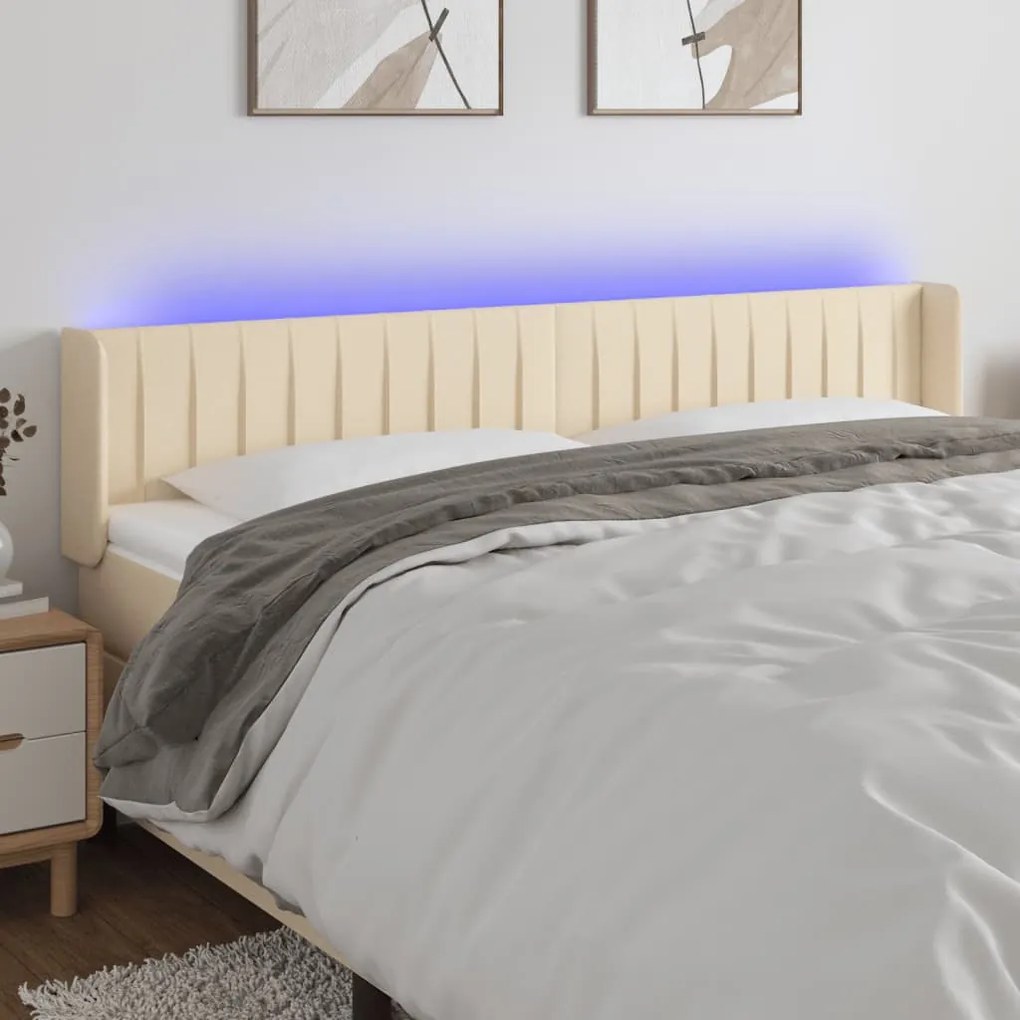Cabeceira de cama c/ luzes LED tecido 203x16x78/88 cm cor creme