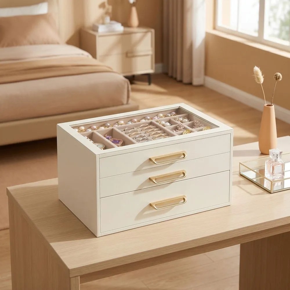 Caixa de joias em madeira com tampa de vidro, 3 níveis, 24 x 16 x 12,5 cm, branco-bege