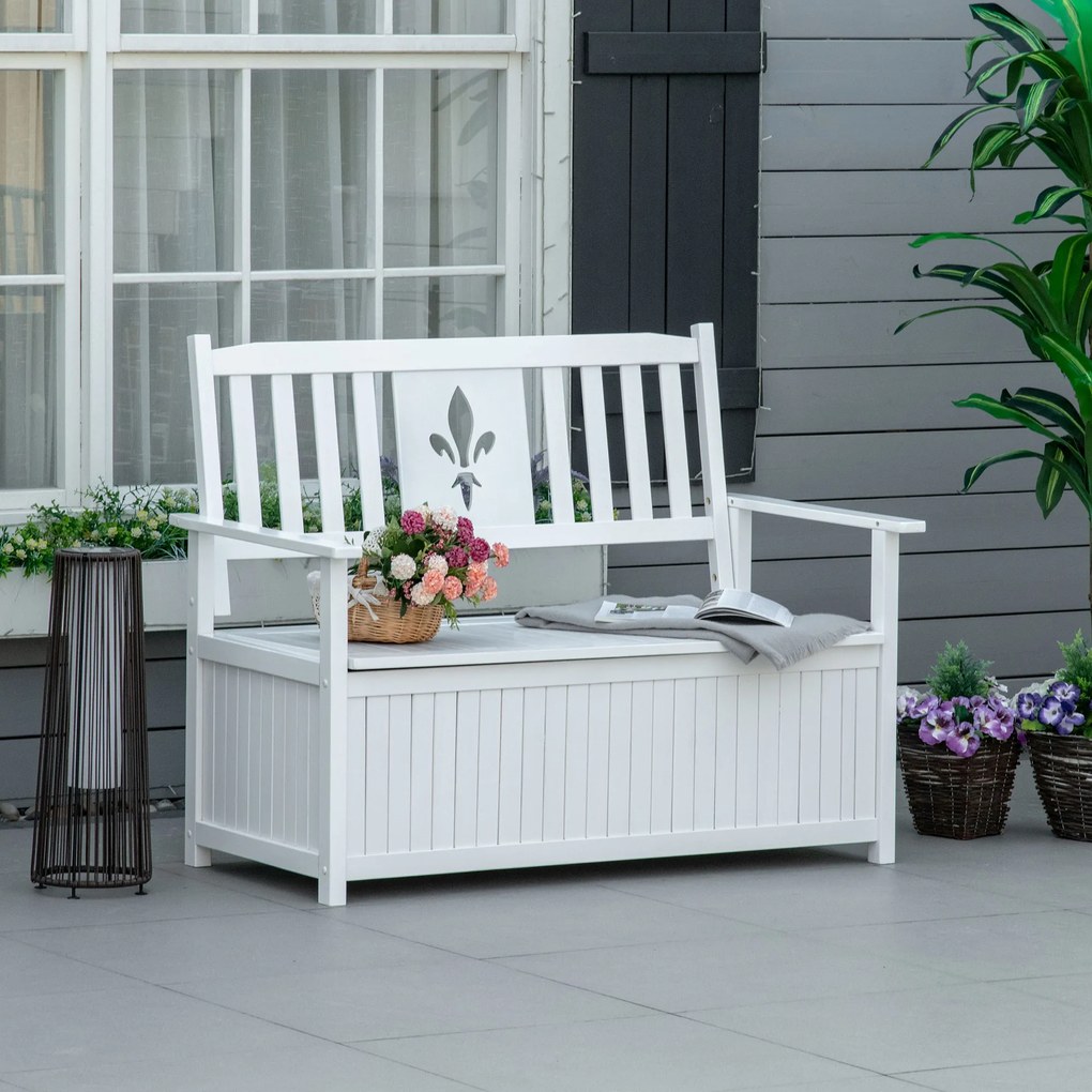 Outsunny Banco de Madeira Exterior de 2 Lugares com Espaço de Armazenamento e Tecido Oxford Banco Baú de Jardim Terraço com Apoio para os Braços Carga 250kg 125x68,5x97 Branco
