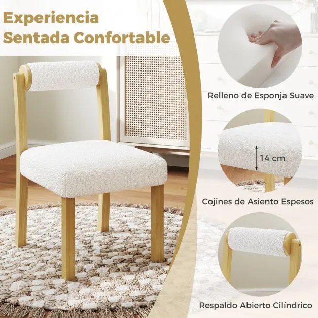 Conjunto de 2 cadeiras de jantar estofadas em sherpa sintética com estrutura em madeira de borracha Natural+Branco