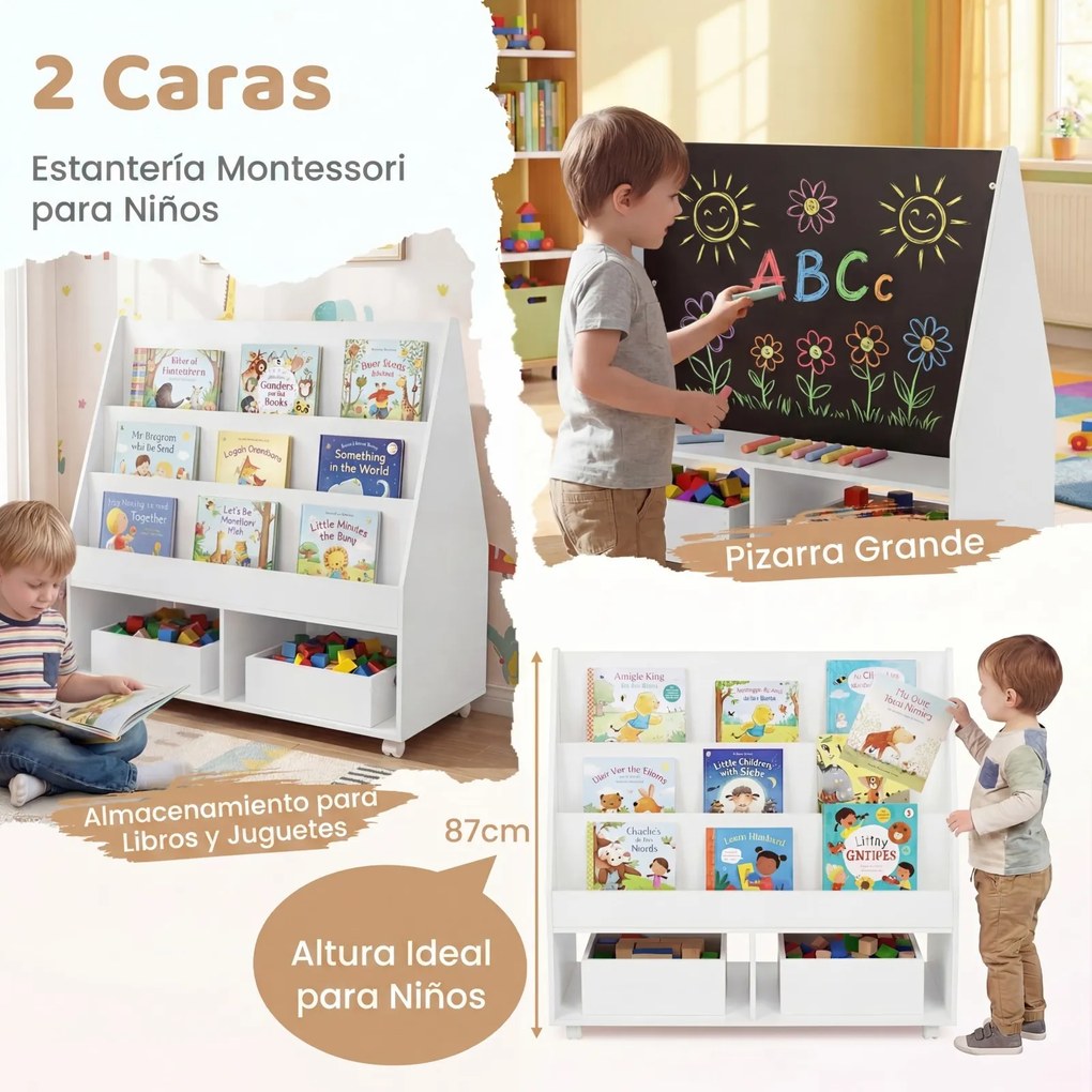 Estante Infantil Móvel, 90 x 45,5 x 87 cm, Quadro de Ardósia Integrado, Branco