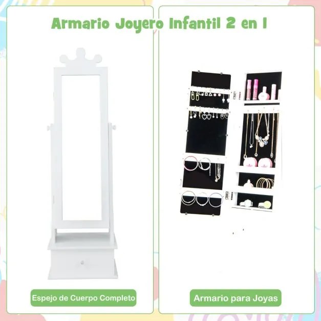 Armário Jóias para crianças com espelho de corpo inteiro e 3 gavetas 2 ângulos de inclinação ajustáveis 34 x 30 x 103/113cm Branco