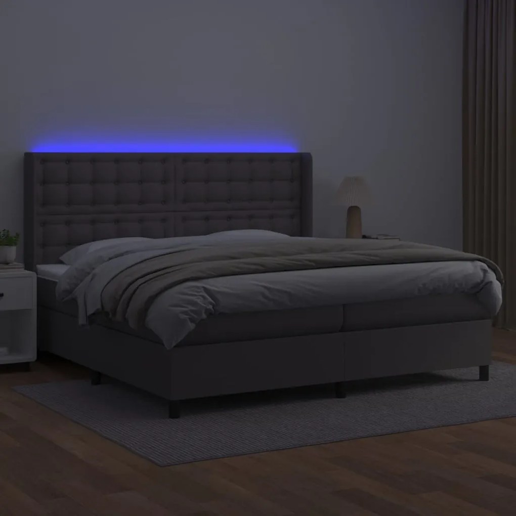 Cama box spring c/ colchão/LED 200x200cm couro artificial cinza