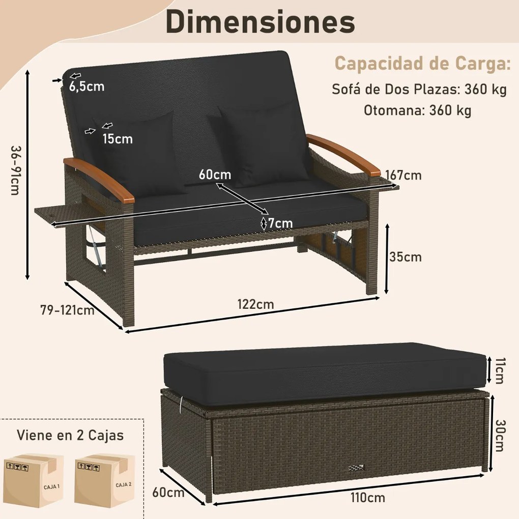 Sofá-cama de rattan para exterior com apoio para os pés com arrumação Encosto ajustável em 4 níveis e tabuleiros laterais retrácteis Castanho/preto