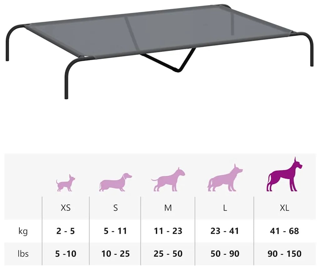 Cama para cães elevada 150x90x20 cm Textilene e aço cinzento