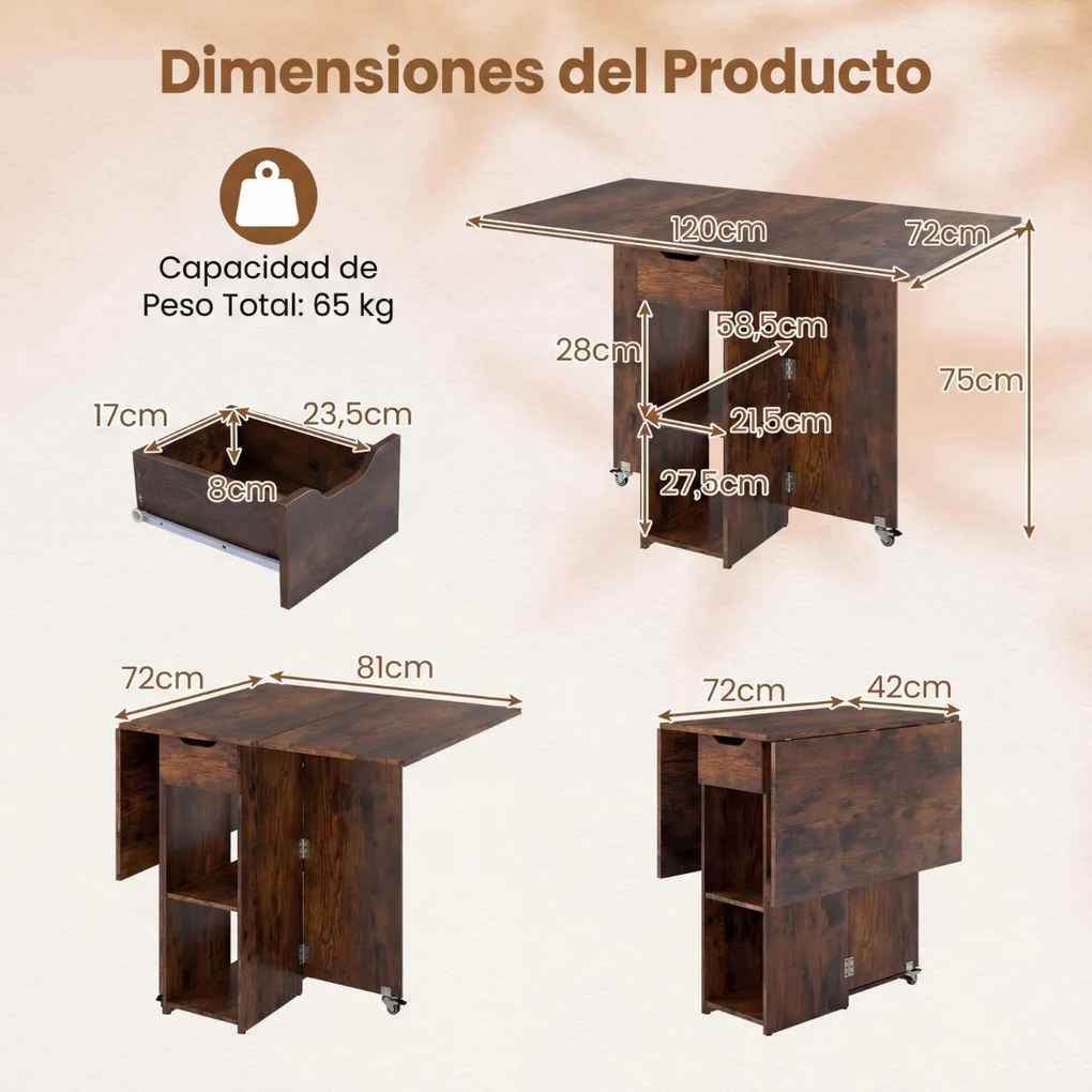 Mesa de jantar extensível 120 x 72 x 75 cm com 2 rodas; mesa de cozinha dobrável com prateleira, gaveta de 2 compartimentos e abas rebatíveis Castanha