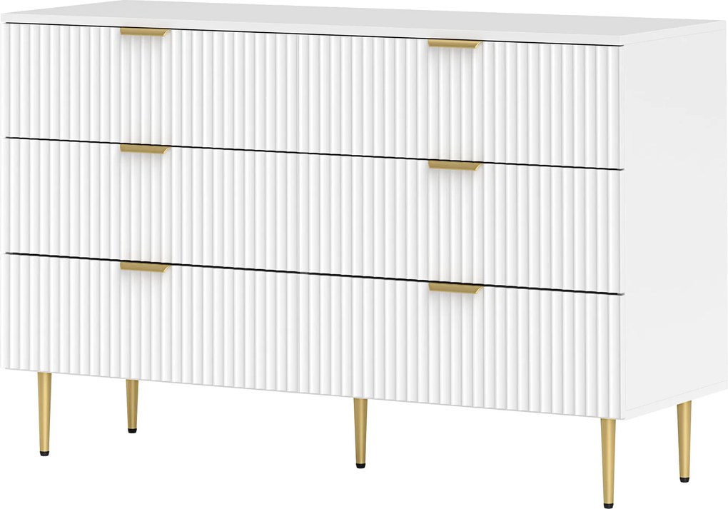 Cómoda de 6 gavetas 120 x 40 x 76,5 cm, para quarto, móvel de arrumação moderno com puxadores e pés dourados, branca