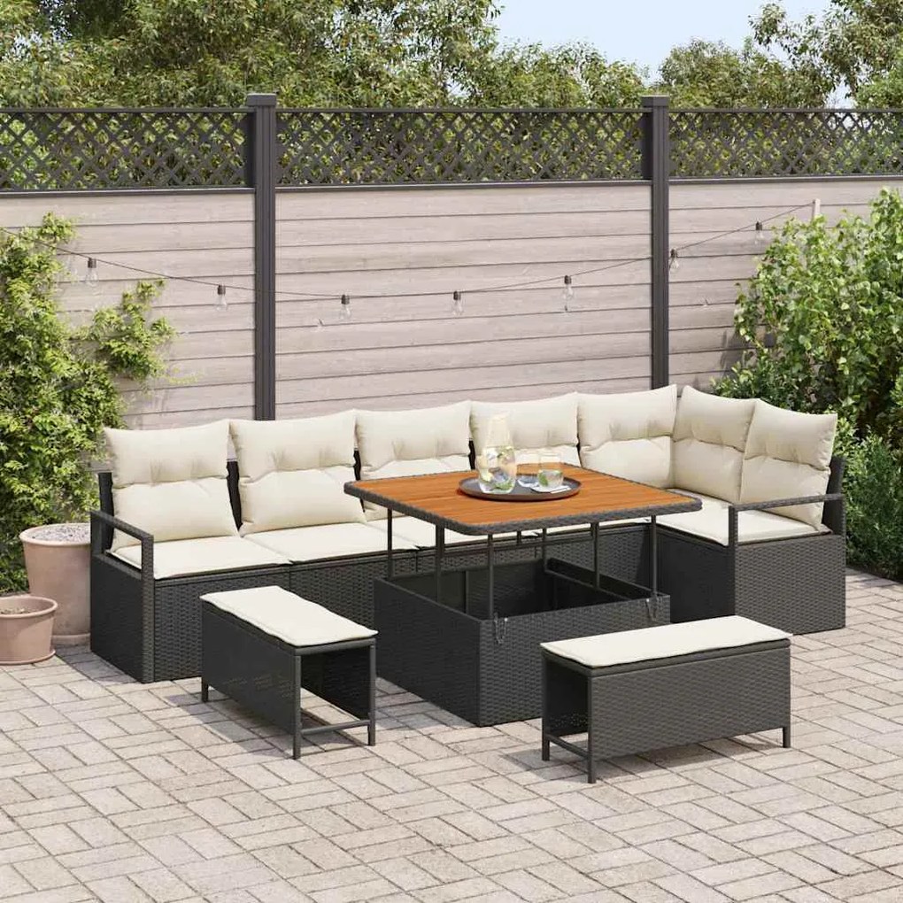 Conjunto de Sofá de Jardim de 9 Peças com Almofadas Preto Rattan Polié