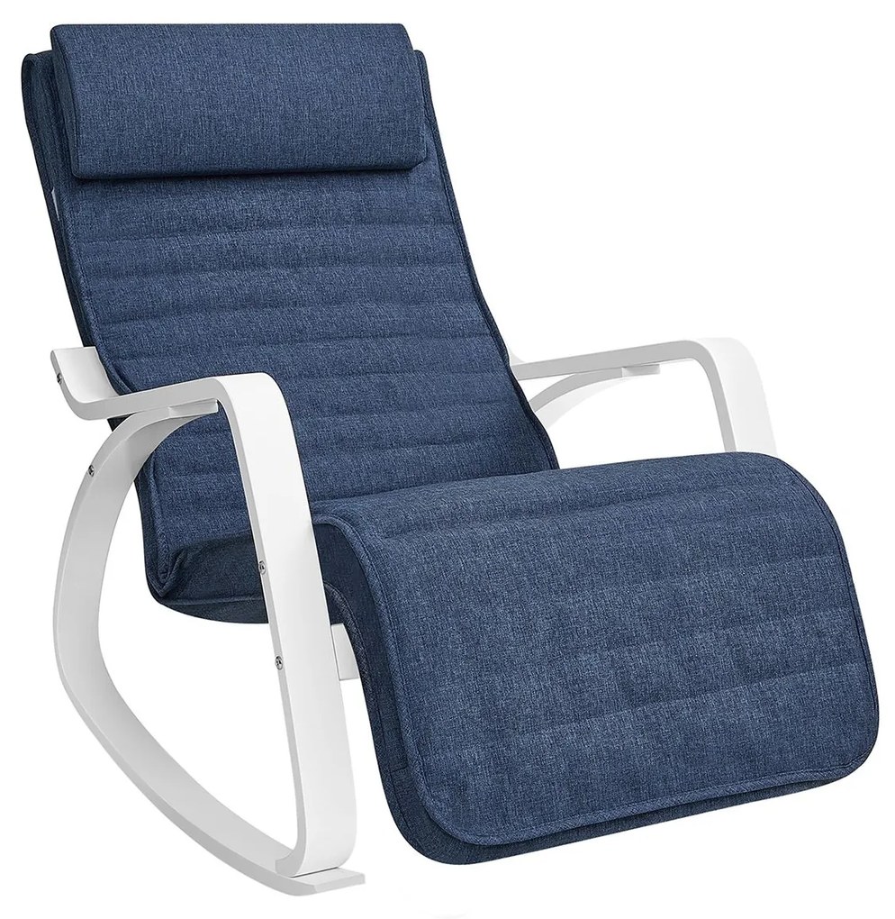 Cadeira de balanço SONGMICS com braços de madeira de bétula, apoio para os pés ajustável em 5 posições, carga de 150 kg para quarto, sala de estar, azul meia-noite e branco LYY011Q01