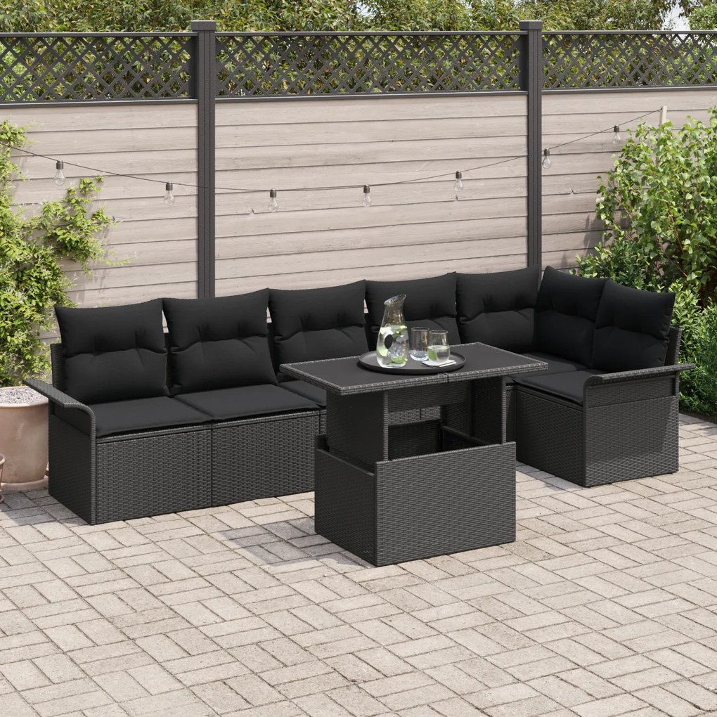 vidaXL Conjunto de Sofá de Jardim de 7 Peças com Almofadas Pretas de Rattan Poliéster