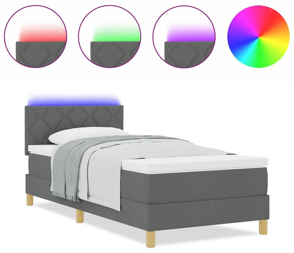 Cama Box Spring com Colchão & LED Cinza Escuro 90x200 cm Tecido