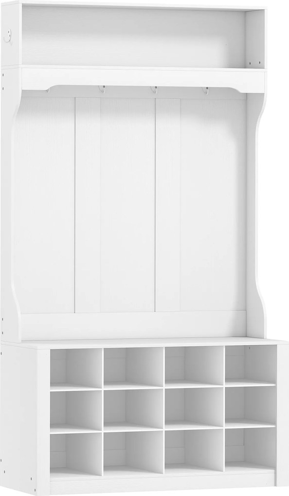 HOMCOM Cabideiro com prateleira, banco, ganchos, compartimentos para sapatos, aglomerado, MDF, branco | Aosom Portugal