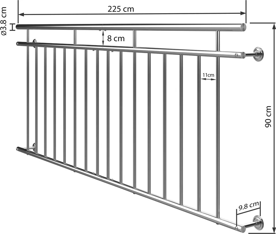 Corrimão francês para varanda em aço inoxidável 90x225cm Prateado