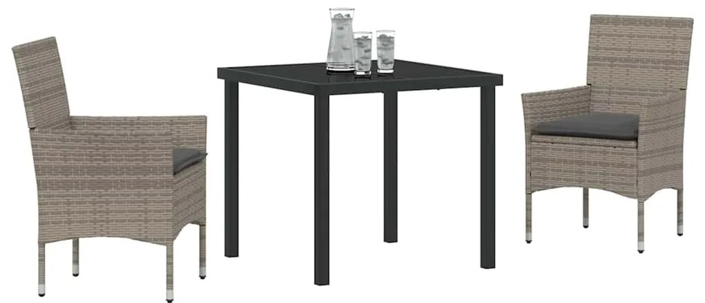 Conjunto de Jantar de Jardim 3 Peças com Almofadas Cinza de Rattan Sin