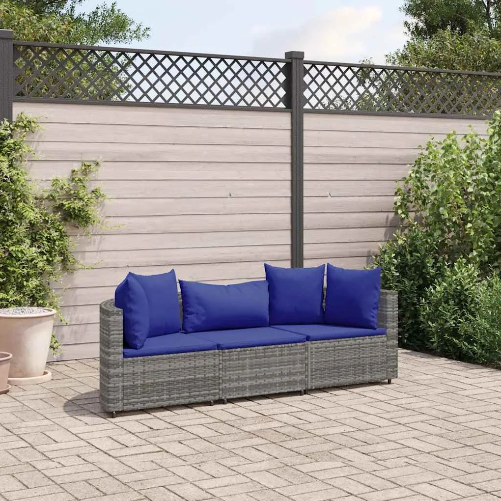 vidaXL 3 pcs conjunto sofás de jardim c/ almofadões vime PE cinzento