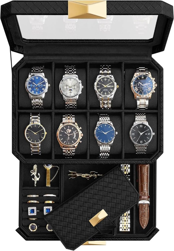 Coleção SONGMICS HOME RONNE - Caixa de relógio de 2 níveis com gaveta, estojo para relógio com 8 compartimentos e bolsa de viagem, couro PU com relevo, efeito flutuante, presente de Natal, tinta preta UJWB025B01