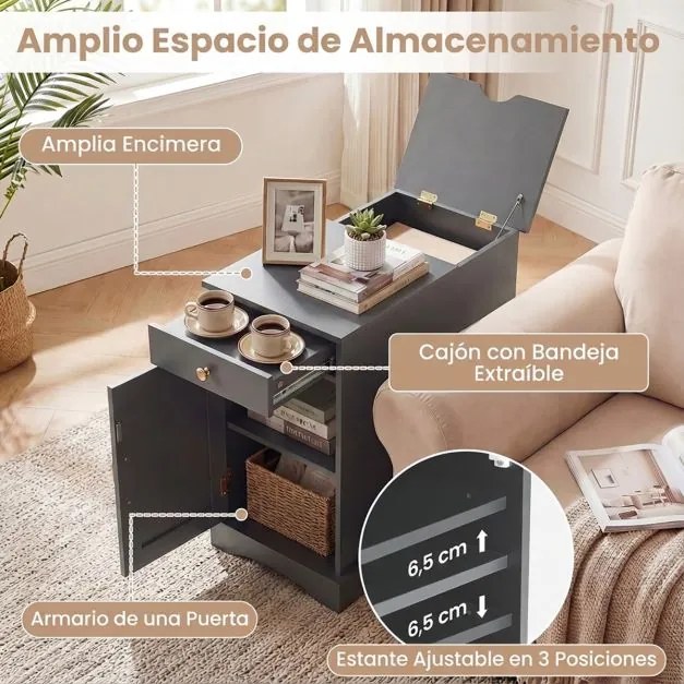 Conjunto de 2 mesas de cabeceira, mesa apoio 35 x 60 x 62 cm com estação de carregamento com gaveta Cinza