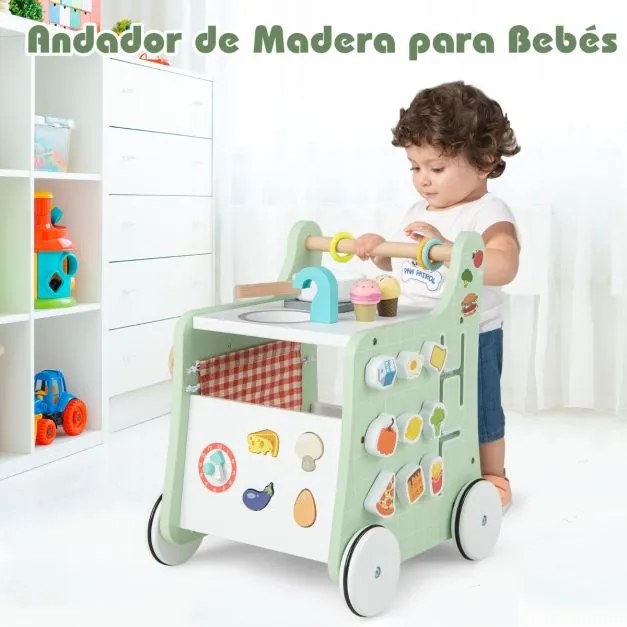 Andarilho de madeira 6 em 1 Centro de actividades de empurrar e puxar 6 em 1 com carrinho de cozinha para bebés com mais de 12 meses Verde