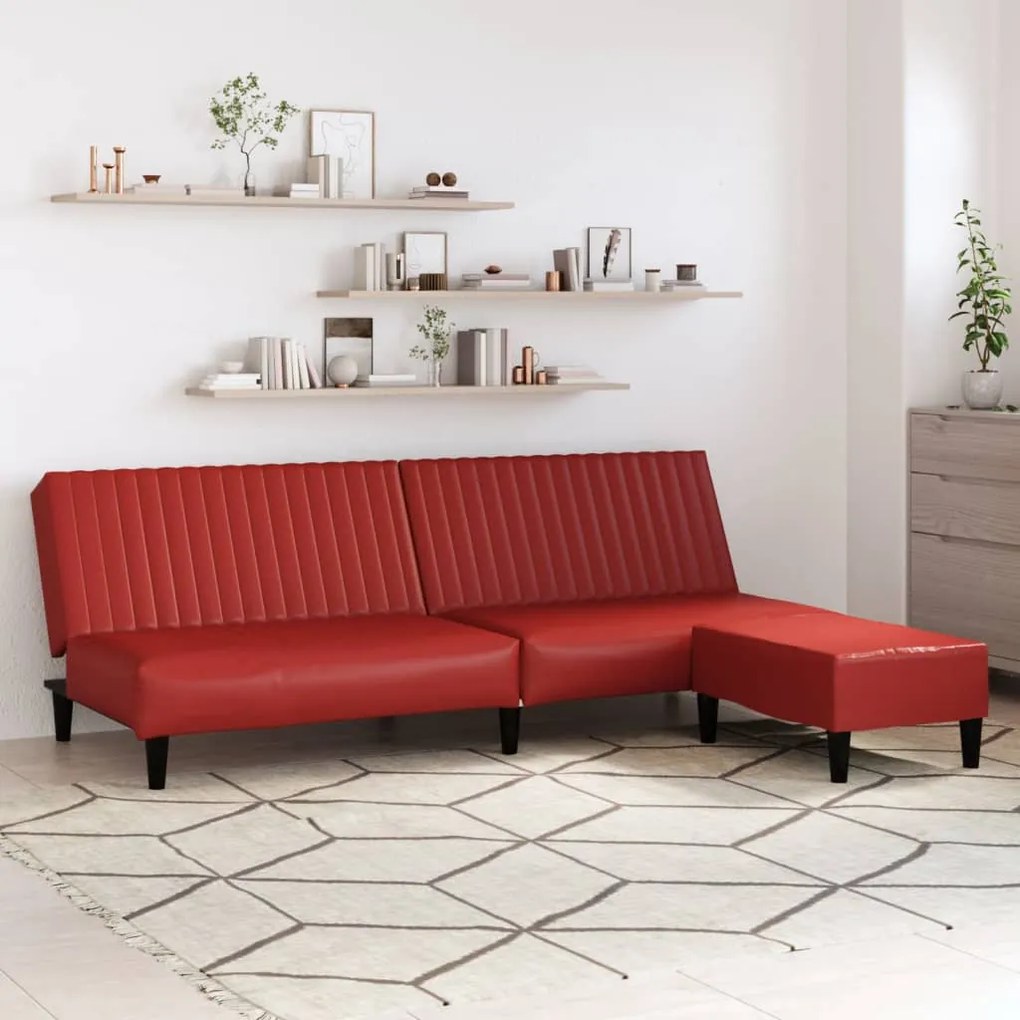 3081879 vidaXL Sofá-cama 2 lugares + apoio pés couro artificial vermelho tinto