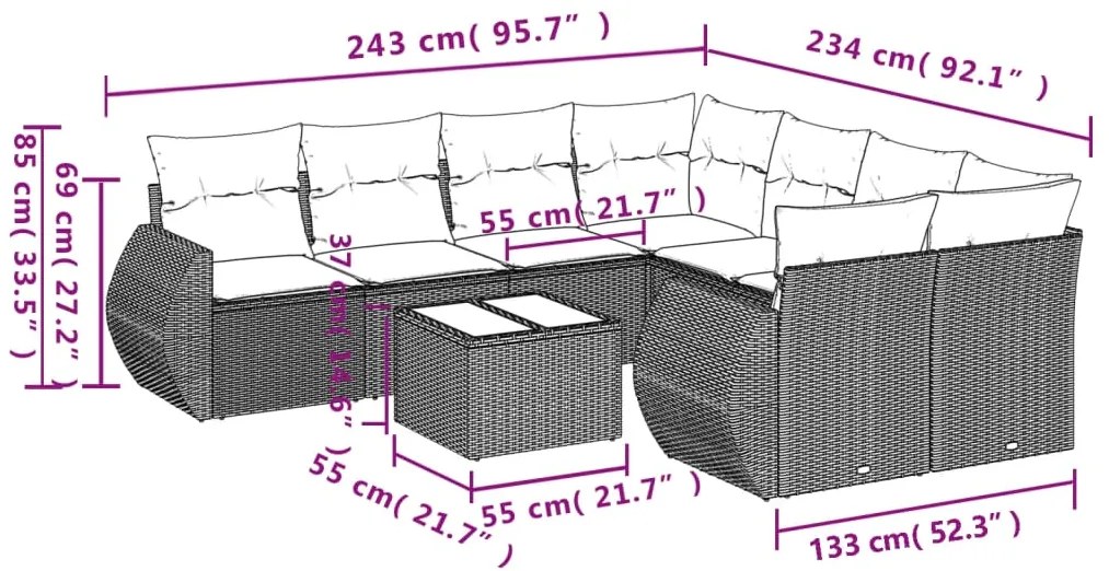 9 pcs conj. sofás jardim com almofadões vime PE cinzento-claro