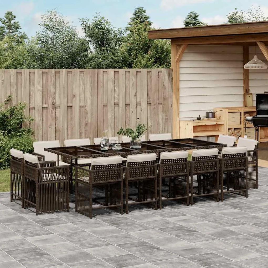vidaXL 15 pcs conjunto jantar p/ jardim c/ almofadões vime PE castanho