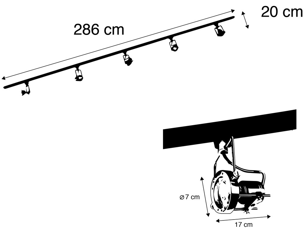 Sistema de calhas com 5 focos monofásicos preto com aço - Suplux