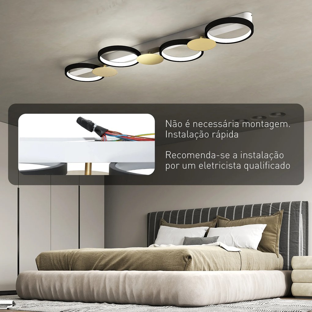 Candeeiro de Teto Regulável com 4 Focos Controlo Remoto Modos de Cena 1500 lm 38 W 3000 K-6500 K 100x31x7 cm Preto e Dourado