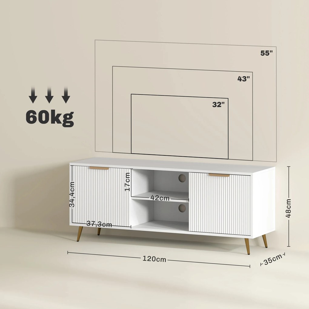 Móvel de TV Moderno Móvel de TV para Sala de Estar com 2 Compartimentos Abertos  para Televisores de 55 Polegadas 120x35x48 cm Branco