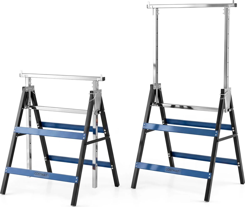 Conjunto de 2 Cavaletes de Trabalho, 69 x 56 x 80-130 cm, Altura Regulável, Preto+Azul