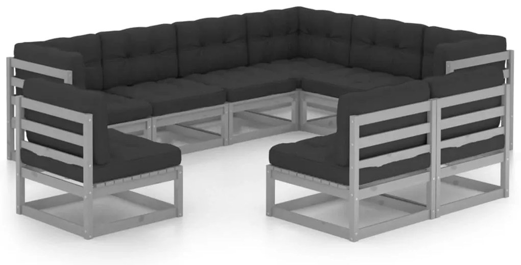 9pcs conjunto lounge de jardim c/ almofadões pinho maciço cinza
