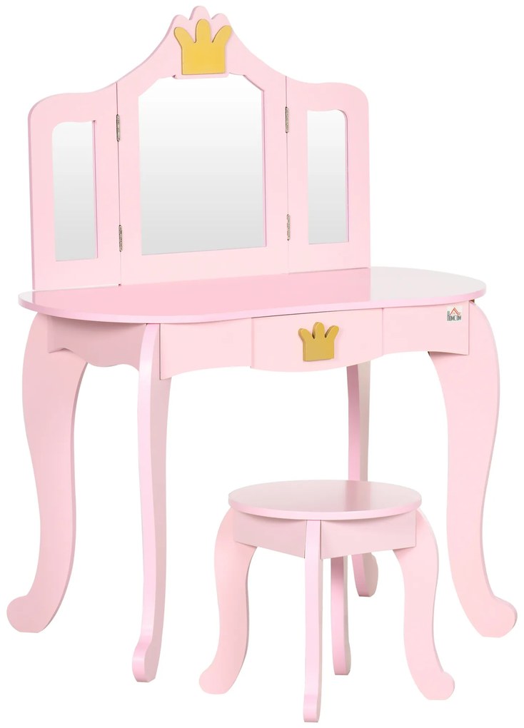 Toucador Infantil de Madeira com Banco e Espelho Dobrável Mesa de Maquilhagem para Crianças de 3-6 Anos com Gaveta Estilo Princesa 79x48x103cm Rosa