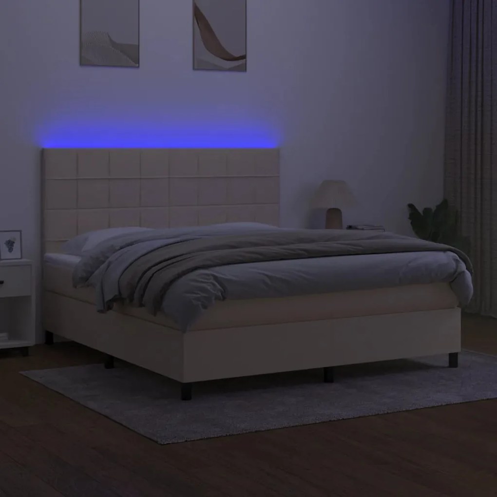 Cama box spring c/ colchão e LED 180x200 cm tecido cor creme