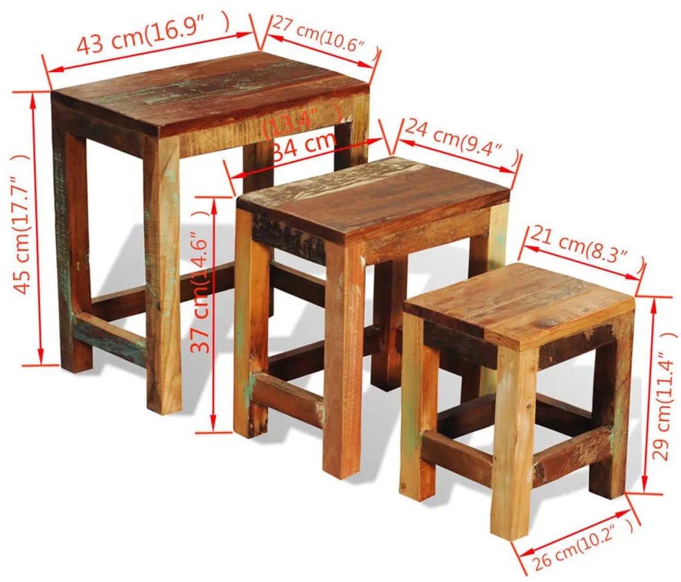 Mesas de encastrar vintage 3 pcs madeira reciclada