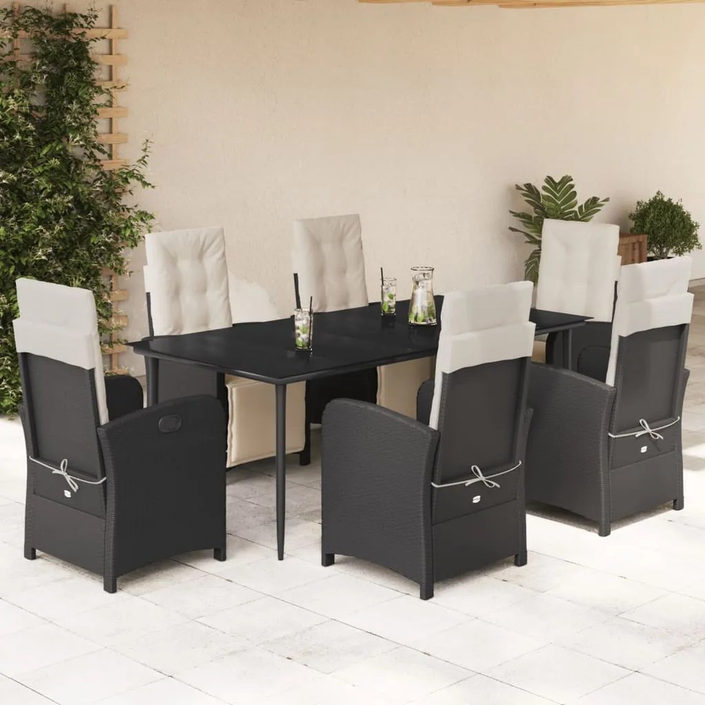 7 pcs conjunto de jantar p/ jardim c/ almofadões vime PE preto
