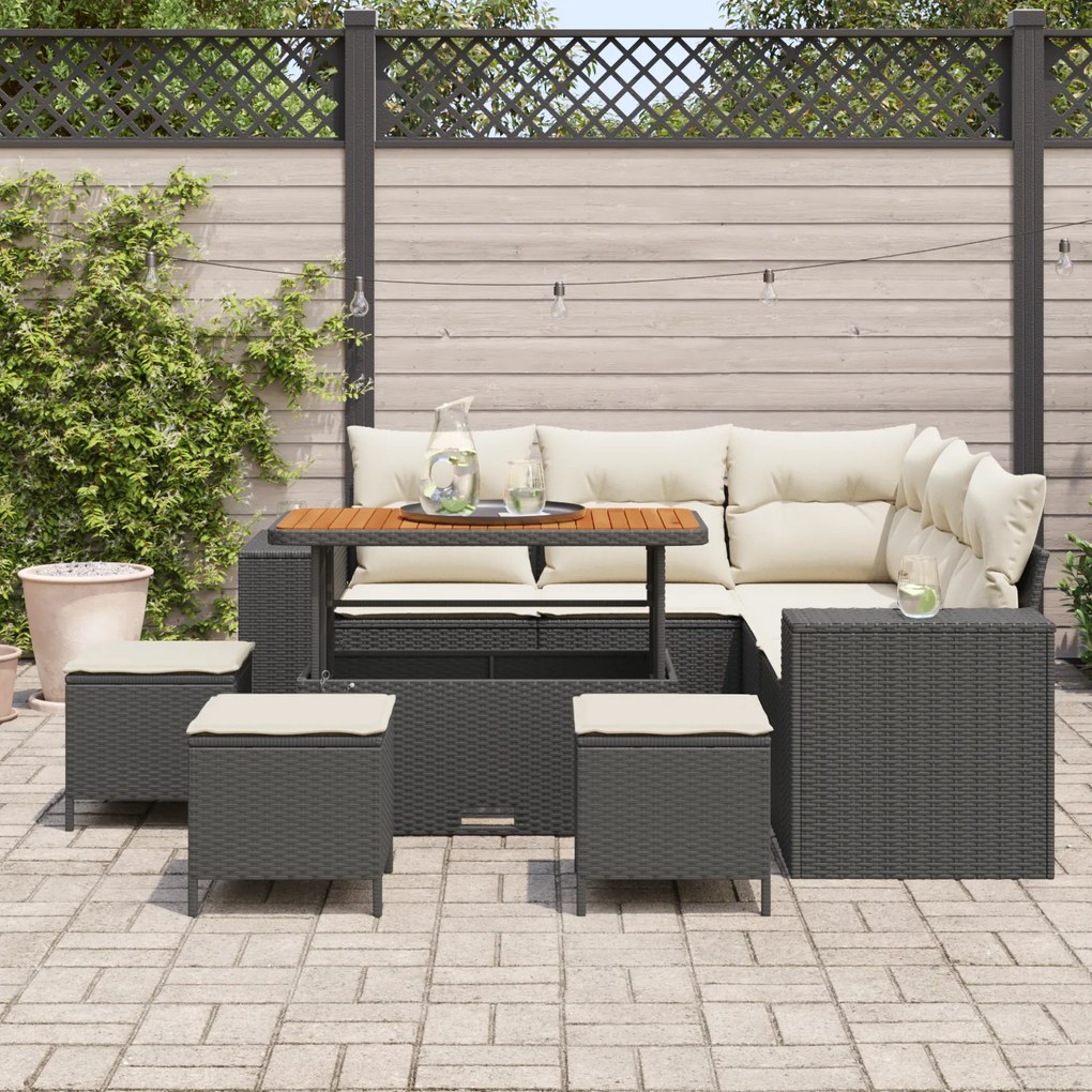 Conjunto de Sofás de Jardim de 9 Peças com Almofadas Rattan Preto Poly