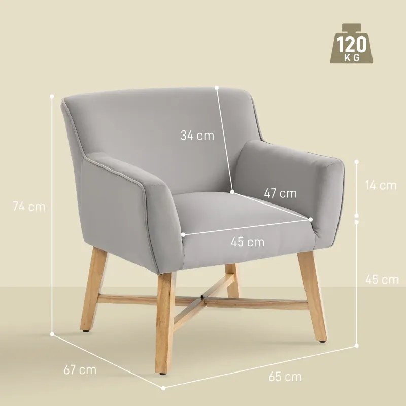 Poltrona de Sala de Estar Poltrona Relax Moderna com Apoio para os Braços Acolchoados Pés de Madeira 67x65x74 cm Cinzento